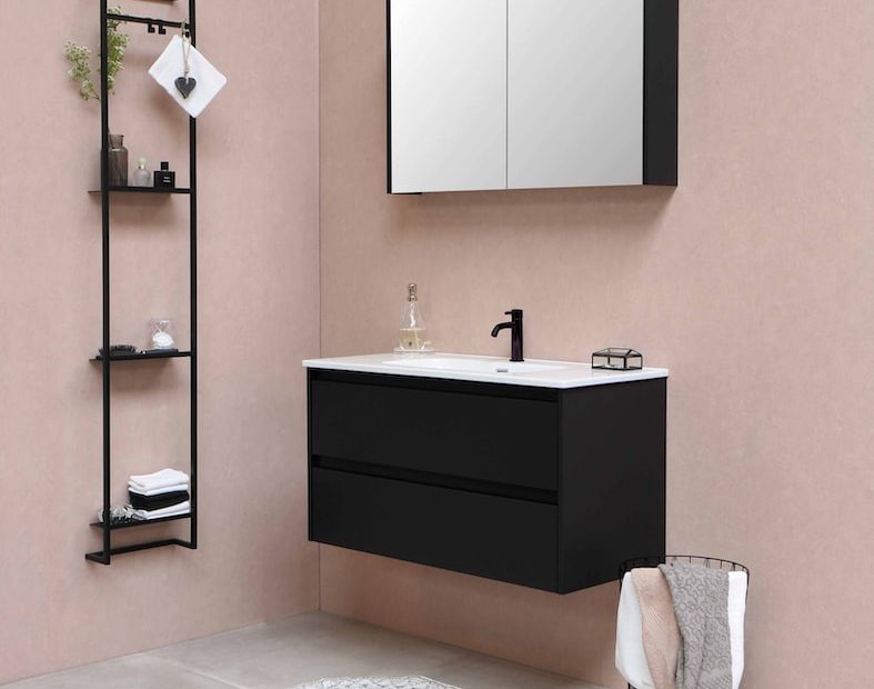 black and white wooden sink cabinet